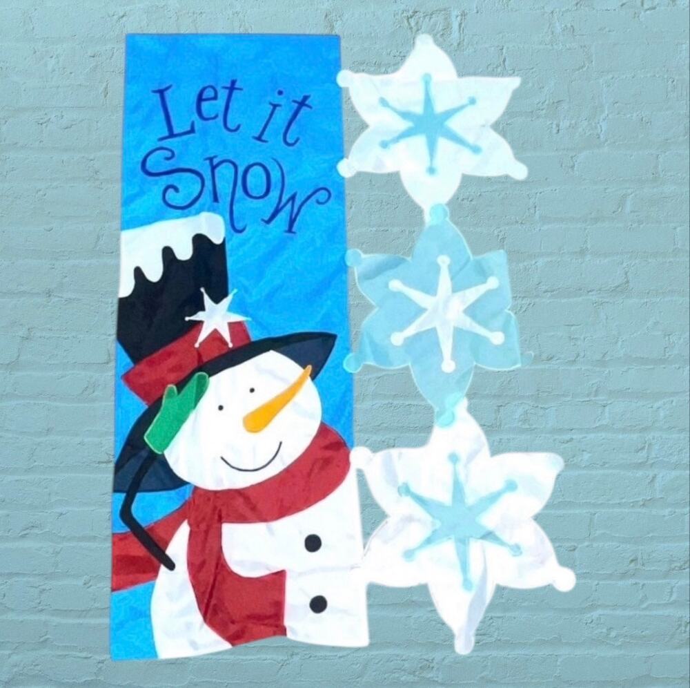 Let It Snow Snowman Winter Flag Holiday Wall Hanging Outdoor Decor Blue Vintage